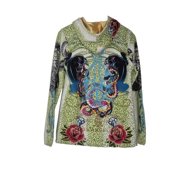 Christian Audigier Hoodie Women M Green Tattoo Graphic Rhinestone Detail USA VTG - Picture 2 of 16